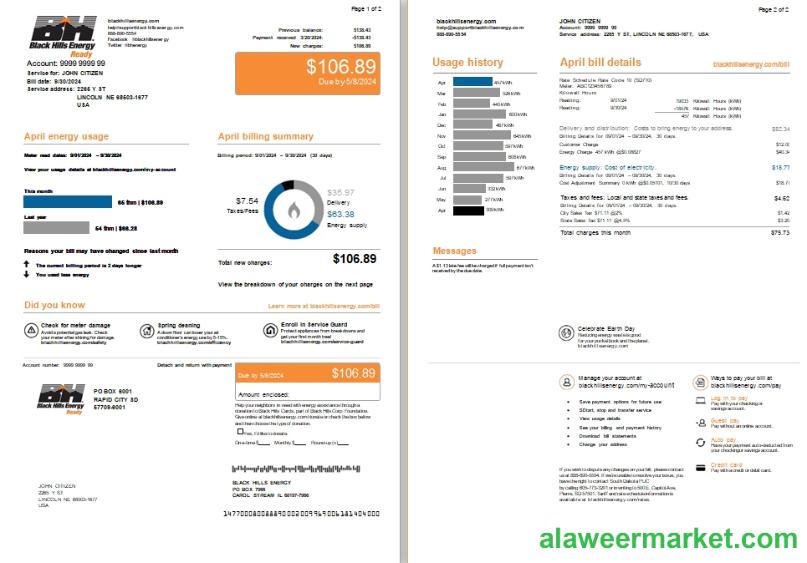 USA Nebraska Lincoln Black Hills Energy utility bill, 2 pages scr